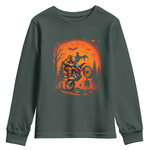Bigfoot Dirt Bike Youth Sweatshirt Sasquatch Halloween Creepy Biker TS14 Dark Forest Green Print Your Wear