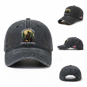 Motorcycle Bigfoot Sasquatch Washed Cotton Baseball Cap Life Is A Journey Enjoy The Ride TS14 Washed Cap Universal Fit Dark Gray Print Your Wear