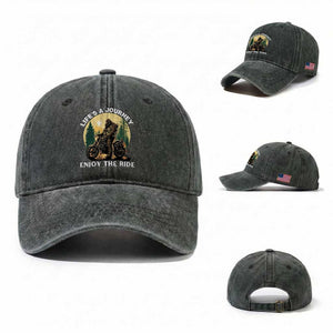 Motorcycle Bigfoot Sasquatch Washed Cotton Baseball Cap Life Is A Journey Enjoy The Ride TS14 Washed Cap Universal Fit Dark Green Print Your Wear