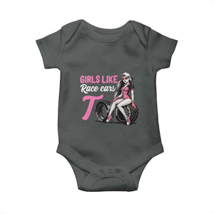 Racing Car Girl Baby Onesie Girls Like Race Cars Too TS14 Dark Heather Print Your Wear