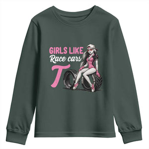 Racing Car Girl Youth Sweatshirt Girls Like Race Cars Too TS14 Dark Forest Green Print Your Wear