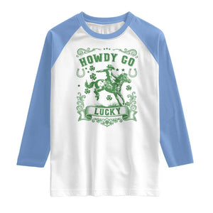 Cowboy St Patrick's Day Raglan Shirt Howdy Go Lucky TS14 White Carolina Blue Print Your Wear