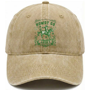 Cowboy St Patrick's Day Washed Cotton Baseball Cap Howdy Go Lucky TS14 Washed Cap Universal Fit Khaki Print Your Wear