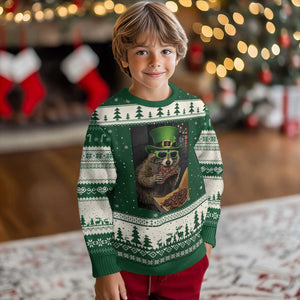 Funny Raccoon St Patrick's Day Ugly Christmas Sweater Raccoon Eating Corned Beef Meme TS14 Forest Green Beige Print Your Wear