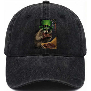 Funny Raccoon St Patrick's Day Washed Cotton Baseball Cap Raccoon Eating Corned Beef Meme TS14 Washed Cap Universal Fit Black Print Your Wear