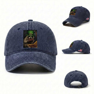 Funny Raccoon St Patrick's Day Washed Cotton Baseball Cap Raccoon Eating Corned Beef Meme TS14 Washed Cap Universal Fit Navy Print Your Wear