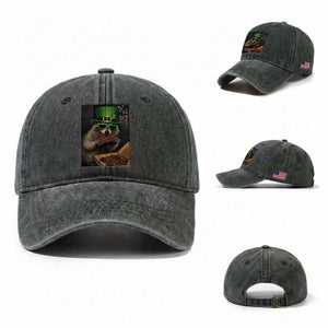 Funny Raccoon St Patrick's Day Washed Cotton Baseball Cap Raccoon Eating Corned Beef Meme TS14 Washed Cap Universal Fit Dark Green Print Your Wear