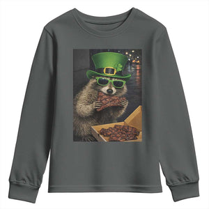 Funny Raccoon St Patrick's Day Youth Sweatshirt Raccoon Eating Corned Beef Meme TS14 Dark Heather Print Your Wear