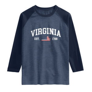 Virginia American Flag Map Raglan Shirt State Travel Souvenir TS14 Heather Denim Navy Print Your Wear