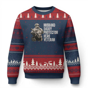 Husband Daddy Protector Hero Veteran Ugly Christmas Sweater Patriotic American Flag Camo Father's Day TS14 Navy Red Print Your Wear