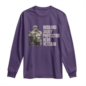 Husband Daddy Protector Hero Veteran Long Sleeve Shirt Patriotic American Flag Camo Father's Day TS14 Purple Print Your Wear