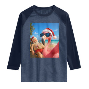 Funny Flamingo Beach Selfie Raglan Shirt Christmas in July TS14 Heather Denim Navy Print Your Wear