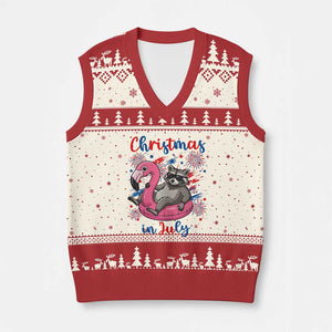 Funny Raccoon Christmas In July 4th of July V-Neck Knit Sweater Vest