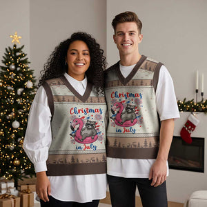 Funny Raccoon Christmas In July 4th of July V-Neck Knit Sweater Vest