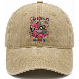 Funny Raccoon Christmas In July 4th of July Washed Cotton Baseball Cap