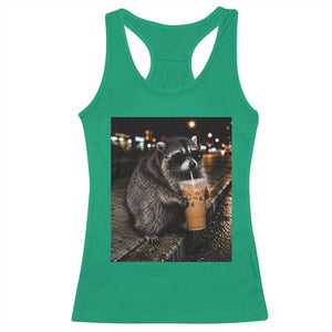 Jimothy Raccoon Seattle Drinking Iced Coffee Meme Racerback Tank Top Viral Trash Panda Seattle Animal Meme