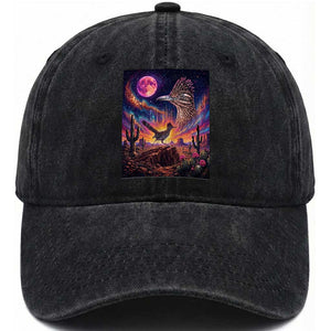 Arizona Roadrunner Vintage Desert Moon Retro Cactus Washed Cotton Baseball Cap 90s Southwest Wildlife Bird Animal Lover