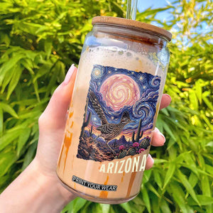 Arizona Roadrunner Vintage Desert Moon Retro Cactus Glass Can Southwest Wildlife Bird Starry Night Style