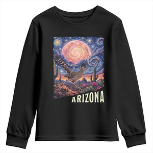 Arizona Roadrunner Vintage Desert Moon Retro Cactus Youth Sweatshirt Southwest Wildlife Bird Starry Night Style