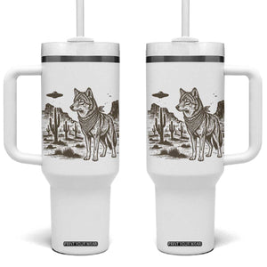 Vintage Coyote Cowboy UFO Tumbler With Handle Western Desert Southwest Coyote Alien