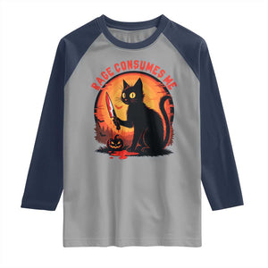 Funny Black Cat Halloween Funny Black Cat Murderous Cat With Knife Raglan Shirt Rage Is Consuming Me TS14 Sport Gray Navy Print Your Wear