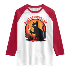 Funny Black Cat Halloween Funny Black Cat Murderous Cat With Knife Raglan Shirt Rage Is Consuming Me TS14 White Red Print Your Wear