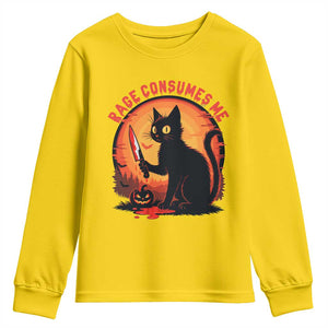 Funny Black Cat Halloween Funny Black Cat Murderous Cat With Knife Youth Sweatshirt Rage Is Consuming Me TS14 Daisy Print Your Wear