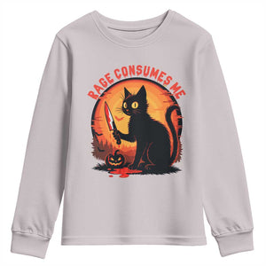 Funny Black Cat Halloween Funny Black Cat Murderous Cat With Knife Youth Sweatshirt Rage Is Consuming Me TS14 Ice Gray Print Your Wear