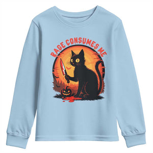 Funny Black Cat Halloween Funny Black Cat Murderous Cat With Knife Youth Sweatshirt Rage Is Consuming Me TS14 Light Blue Print Your Wear