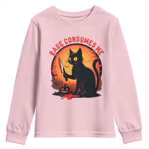 Funny Black Cat Halloween Funny Black Cat Murderous Cat With Knife Youth Sweatshirt Rage Is Consuming Me TS14 Light Pink Print Your Wear