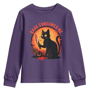 Funny Black Cat Halloween Funny Black Cat Murderous Cat With Knife Youth Sweatshirt Rage Is Consuming Me TS14 Purple Print Your Wear