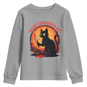 Funny Black Cat Halloween Funny Black Cat Murderous Cat With Knife Youth Sweatshirt Rage Is Consuming Me TS14 Sport Gray Print Your Wear