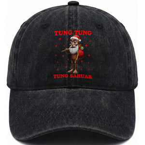 Funny Italian Brainrot Christmas Washed Cotton Baseball Cap Tung Tung Tung Sahur Meme TS14 Washed Cap Universal Fit Black Print Your Wear