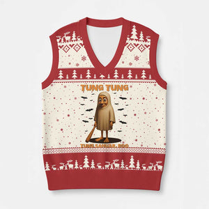 Funny Italian Brainrot Halloween V-Neck Knit Sweater Vest Tung Tung Tung Sahur Meme TS14 Beige Red Print Your Wear