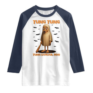Funny Italian Brainrot Halloween Raglan Shirt Tung Tung Tung Sahur Meme TS14 White Navy Print Your Wear
