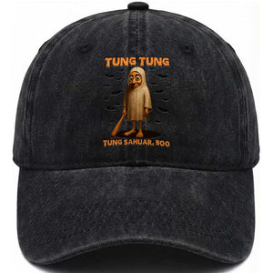 Funny Italian Brainrot Halloween Washed Cotton Baseball Cap Tung Tung Tung Sahur Meme TS14 Washed Cap Universal Fit Black Print Your Wear