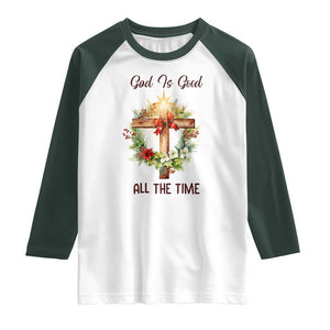 Cross Christian Christmas Raglan Shirt God Is Good All The Time TS14 White Dark Forest Green Print Your Wear