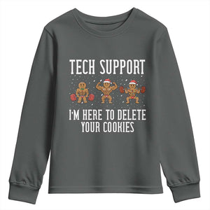 Tech Support Funny Christmas Youth Sweatshirt Gingerbread I Am Here To Delete Your Cookies TS14 Dark Heather Print Your Wear