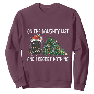 Funny Cat Christmas Sweatshirt On The Naughty List And I Regret Nothing TS14 Maroon Print Your Wear