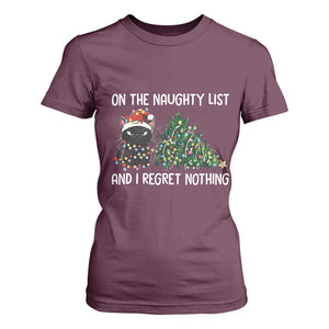 Funny Cat Christmas T Shirt For Women On The Naughty List And I Regret Nothing TS14 Maroon Print Your Wear