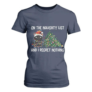Funny Cat Christmas T Shirt For Women On The Naughty List And I Regret Nothing TS14 Navy Print Your Wear
