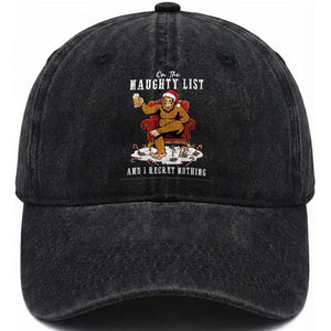 Funny Bigfoot Christmas Washed Cotton Baseball Cap On The Naughty List And I Regret Nothing TS14 Washed Cap Universal Fit Black Print Your Wear