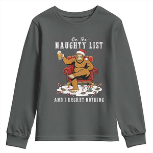 Funny Bigfoot Christmas Youth Sweatshirt On The Naughty List And I Regret Nothing TS14 Dark Heather Print Your Wear