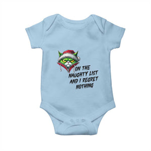 Funny Cat Green Christmas Baby Onesie On The Naughty List And I Regret Nothing TS14 Light Blue Print Your Wear
