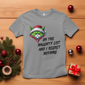 Funny Cat Green Christmas T Shirt On The Naughty List And I Regret Nothing TS14 Sport Gray Print Your Wear