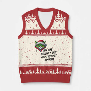 Funny Cat Green Xmas V-Neck Knit Sweater Vest On The Naughty List And I Regret Nothing TS14 Beige Red Print Your Wear
