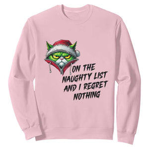 Funny Cat Green Christmas Sweatshirt On The Naughty List And I Regret Nothing TS14 Light Pink Print Your Wear