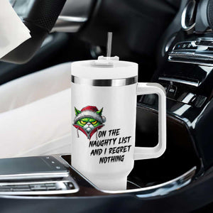 Funny Cat Green Christmas Tumbler With Handle On The Naughty List And I Regret Nothing TS14 Print Your Wear