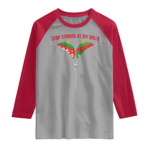 Funny Dirty Christmas Raglan Shirt Stop Staring At My Balls TS14 Sport Gray Red Print Your Wear