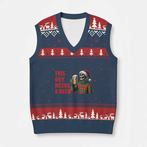 Funny Skeleton Beer Xmas V-Neck Knit Sweater Vest This Guy Needs A Beer TS14 Navy Red Print Your Wear